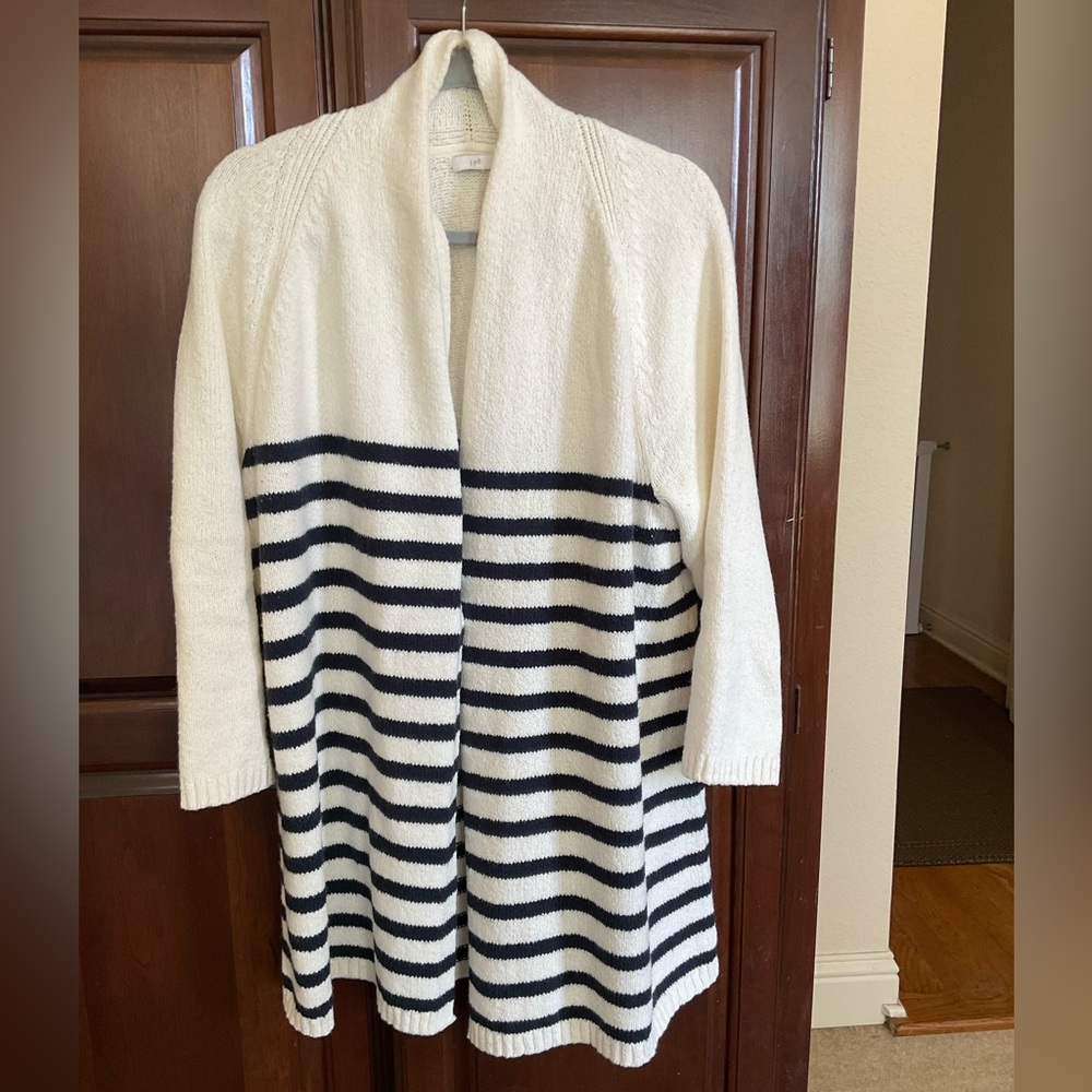 J.JILL Open Front Striped Cardigan in Cream/Navy - Size 1X
